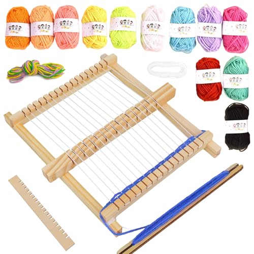 ikBrtaiay Webrahmen für Kinder mit 12 GarnbüNdeln, 20x17 cm Holz Webstuhl Set mit Farbige Wolle, DIY Holz Webrahmen Set für AnfäNger zum Stricken und Gestalten