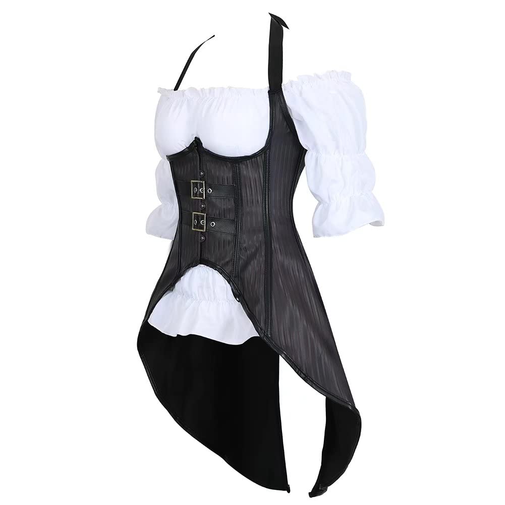 Underbust Corset Lingerie for Women Steampunk Vest top Shirt 2 Piece Set Renaissance Pirate Victorian Gray S