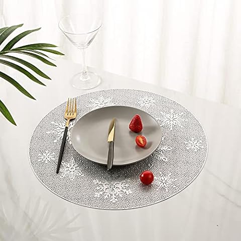 XIANGYUNLAI PVC Placemats Christmas Snowflakes Round Leaf Place Mats Washable Heat Resistant Vinyl Table Mats for Christmas, Wedding, Dinner Parties, Restaurant, Hotel, 15.5In,Silver,Set of 6 Cover