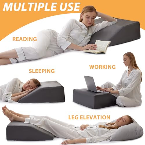 Image of Bedluxe Leg Elevation Pillows, Leg Pillows for Sleeping, Cooling Gel Memory Foam Top, Wedge Pillow for Legs, Leg Wedges for Circulation, Swelling, After Surgery - Removable Cover (8 Inch, Dark Grey)