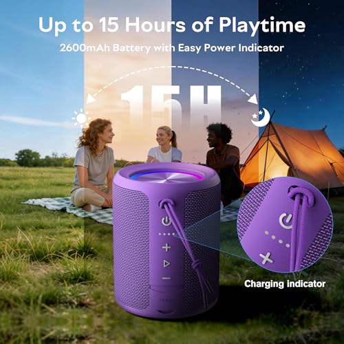 Image of Portable Bluetooth Speaker, IPX7 Waterproof Wireless Speaker with 20W Loud Stereo Sound, 15H Playtime & Beat-Synced RGB Light, Small Outdoor Speaker for Shower,Pool,Beach,Hiking,Gifts(Purple)