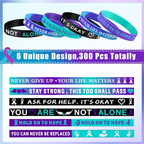 Image of Landical 500 Pcs Suicide Prevention Awareness Silicone Bracelets Purple Teal Ribbon Inspirational Rubber Wristbands Colored Silicone Bracelets Suicide Prevention Awareness Party Favor