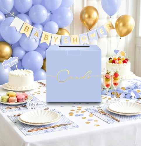 Image of HEIPINIUYE Light Purple Wedding Card Box with Gold Foil 9.8 inch x 9.8 inch Lavender Large Gift Card Box for Party Wedding Reception Graduation Birthday Baby Shower Raffle Envelope Box with Slot