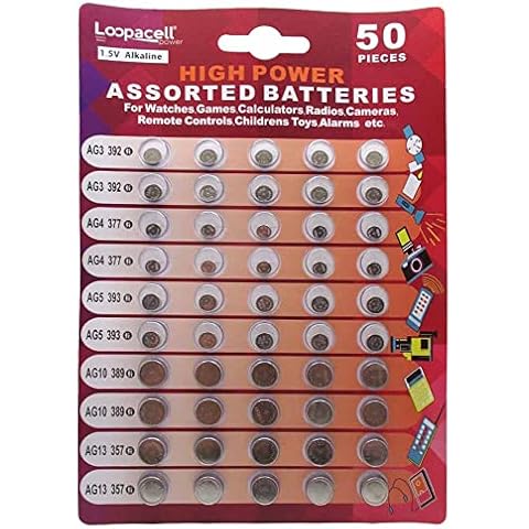 Loopacell High Power Super Alkaline Button Cell Assorted 1.5V Battery AG3/LR41 AG4/LR626 AG5/LR754 AG10/LR1130 AG13/LR44,50 Count (Pack of 1) Cover