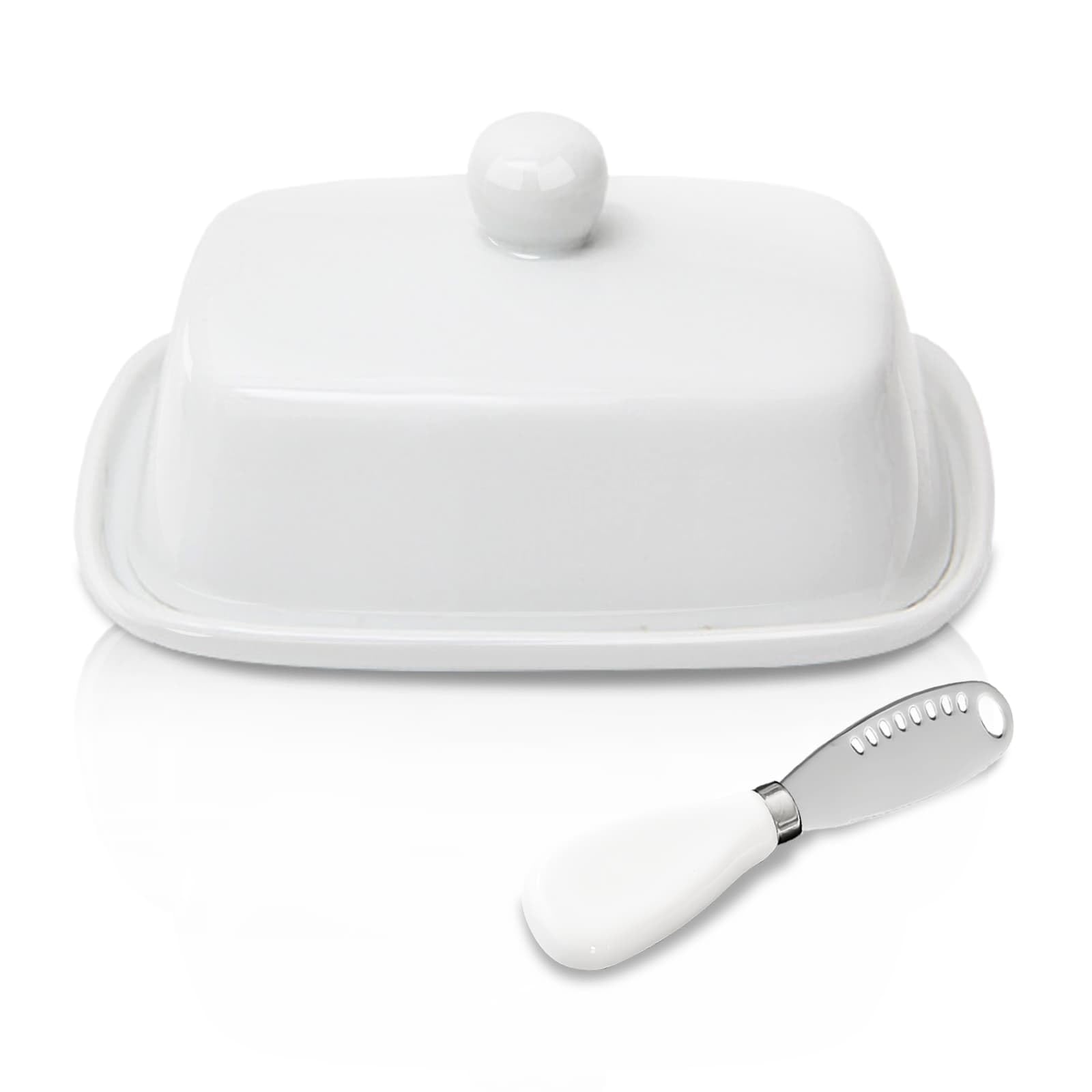 Ceramic Butter Dish with Lid and Handle, Home Ceramic Butter Dish with a Butter Spatula for Countertop, Porcelain Health Dishwasher Safe, White