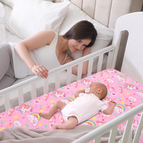 Image of JISEN Baby Fitted Crib Sheets for Standard Crib and Toddler Mattress Soft Breathable Pink Unicorns Toddler Bed Sheets for Boys and Girls Neutral 52x28 Inch