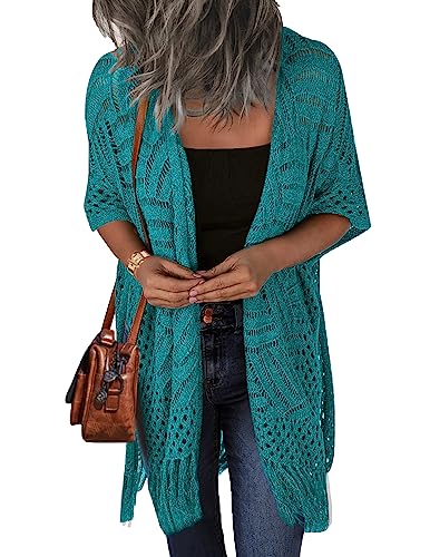 Image of HOTOUCH Womens Knit Cardigan Open Front Outwear Hollow Out Crochet Tassel Lightweight Kimonos Sweater S-XXL