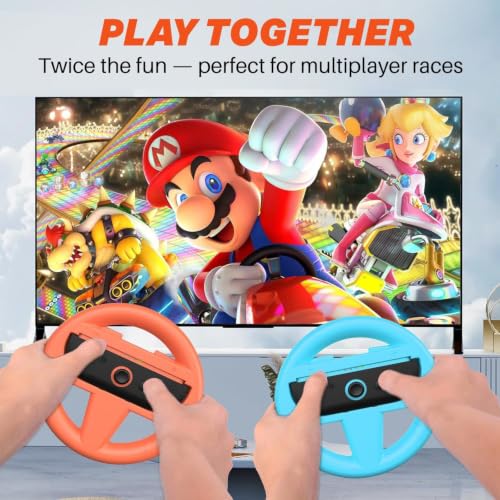 Image of NiTHO Racing Wheel Compatible with Switch 2 Controllers, Steering Wheel Grip for Racing Karting Games, Easy Snap-In Design, Gaming Accessory for Switch 2 (Pack of 2, Blue & Red)