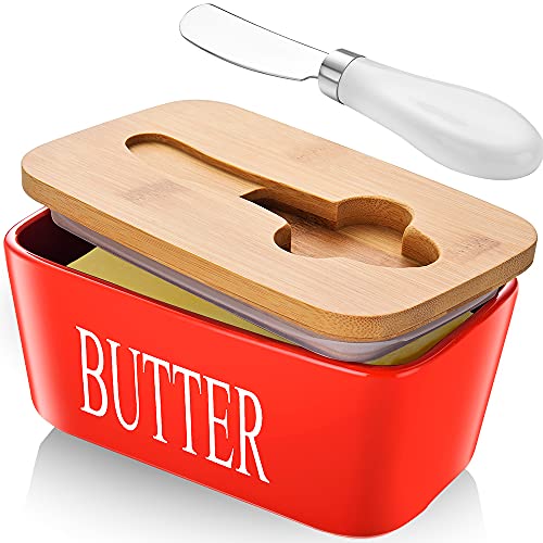 Large Butter Dish,Ceramic Butter Dish with lid and knife, Butter Keeper Double Silicone Seals, Easy Clean, Butter Dishes with Covers Perfect for 2 Sticks of Butter West or East Coast Butter, Red