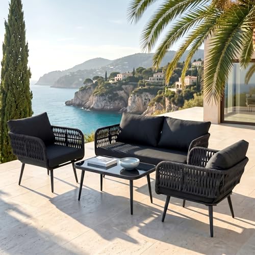 Image of BRISHI Outdoor Sofa Set || Balcony Sofa || Patio Furniture Sets | Conversation Sets | Braid & Rope Garden Seater Sofa Set and Center Table (4 Seater Black)