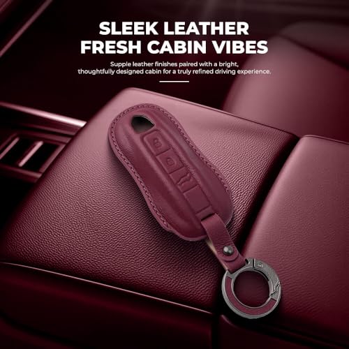 Image of Keyzone Premium Leather Key Cover & AC Vent Car Perfume Combo (4 Fragrances) | Compatible for Porsche Taycan, Cayenne, Panamera, 911, Carrera 3 Button Smart Key (Red)