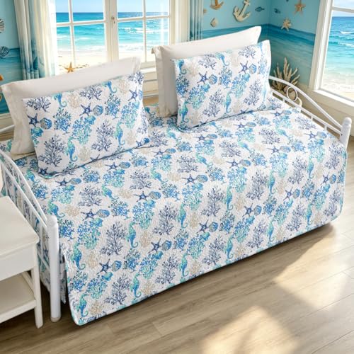 Image of Jarson 3 Piece Beach Daybed Cover Set Twin Size Coastal Quilted Daybed Bedding Sets Double Side Cozy Ocean Sofa Daybed Cover with 2 Shams