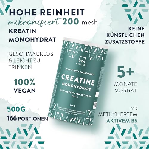 Creatin Monohydrat Pulver 500g | Pure Mikronisiertes 200 Mesh Kreatin Monohydrat Pulver mit Vitamin B6 P5P - Vegan Creatine Monohydrate - Pre Workout Creatin – Bild 3