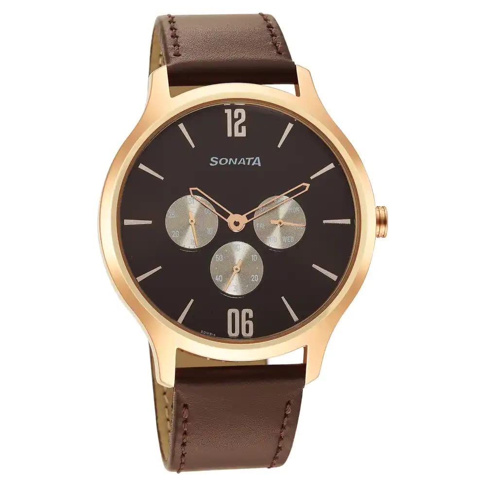 Sonata Quartz Multifunction Brown Dial Leather Strap Watch for Men-NR7140WL01 (B0BS3KKZLY) Amazon Price History, Amazon Price Tracker