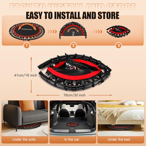 Image of ANCHEER 40 inch /48 inch Foldable Mini Trampoline,Max Load 450lbs /550lbs Indoor Trampoline,with 4 Level Adjustable Foam Handle and Resistance Bands,Adult Exercise Trampoline for Home, Garden, and Gym