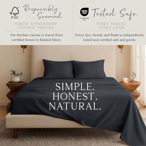 Image of KARISSA MAE Luxury Bamboo Viscose Split King Size Sheet Set, FSC Certified | Includes 2 Twin XL Fitted Sheets | Sleep Number & Adjustable Bed | Cooling | 18 inch Deep Pocket w / Corner Straps [Black]