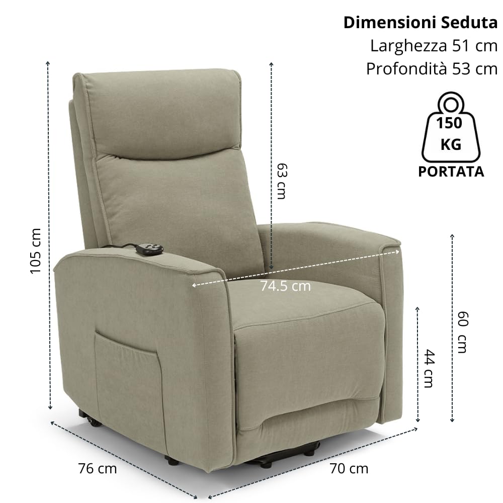 REDÒKASA Poltrona relax elettrica LONDRA per anziani, 2 motori, 2 ruote posteriori, Kit Optional Batteria, sistema reclinazione e alzapersona, tessuto idrorepellente (Senza Kit Batteria, Tortora)