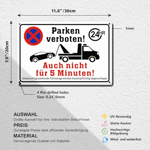 TAKULA Parken Verboten Schild 30x20cm - Mit 'Auch Nicht für 5 Minuten!', Schilder Parkverbot, Parkverbotsschilder, Warnung & Abschleppdrohung | 1 Stück