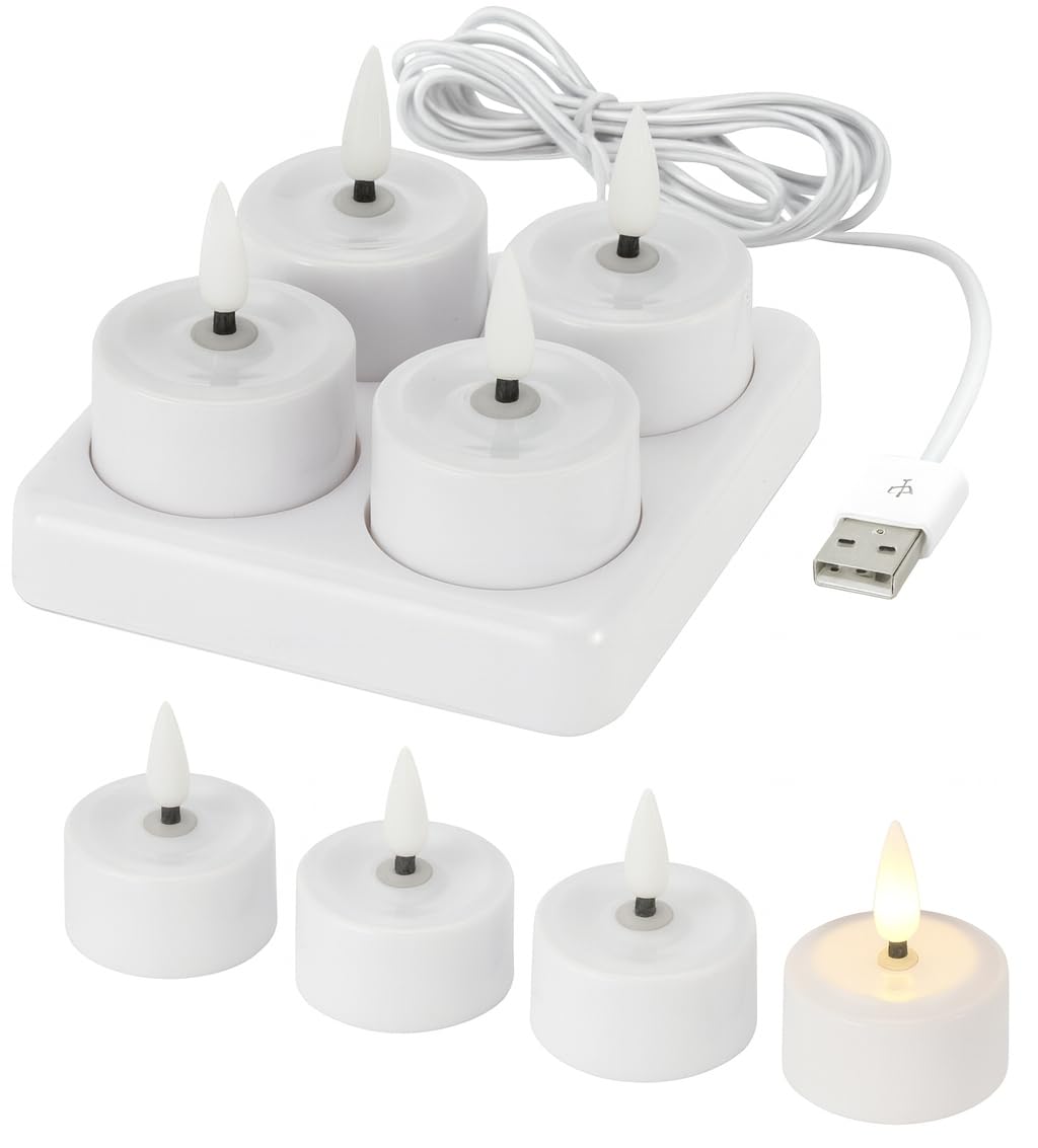 Muddy Hands Rechargeable LED Tea Light Candles with USB Charging Base - Set of 8 Flameless Flickering Tealights - Candle Lights for Home, Parties, Weddings & Decoration