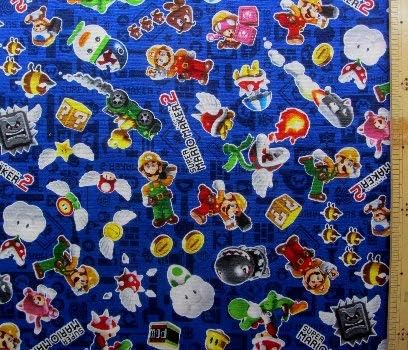 Amazon 40cm単位で販売 キャラクター 生地 スーパーマリオメーカー２ 紺 柄番号３ マリオ まりお 手芸 生地 布 はぎれ ハギレ カットクロス ピロル 布 生地 通販