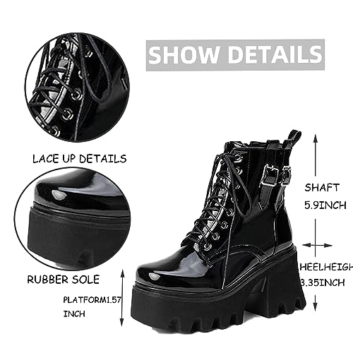 Tokouk Women's Patent Leather Chunky Heels Gothic Ankle Boots With Lace Up& Zipper,Fashion Lug Sole Platform Non-Slip Y2K Punk Short Booties Motorcycle Combat Booties4