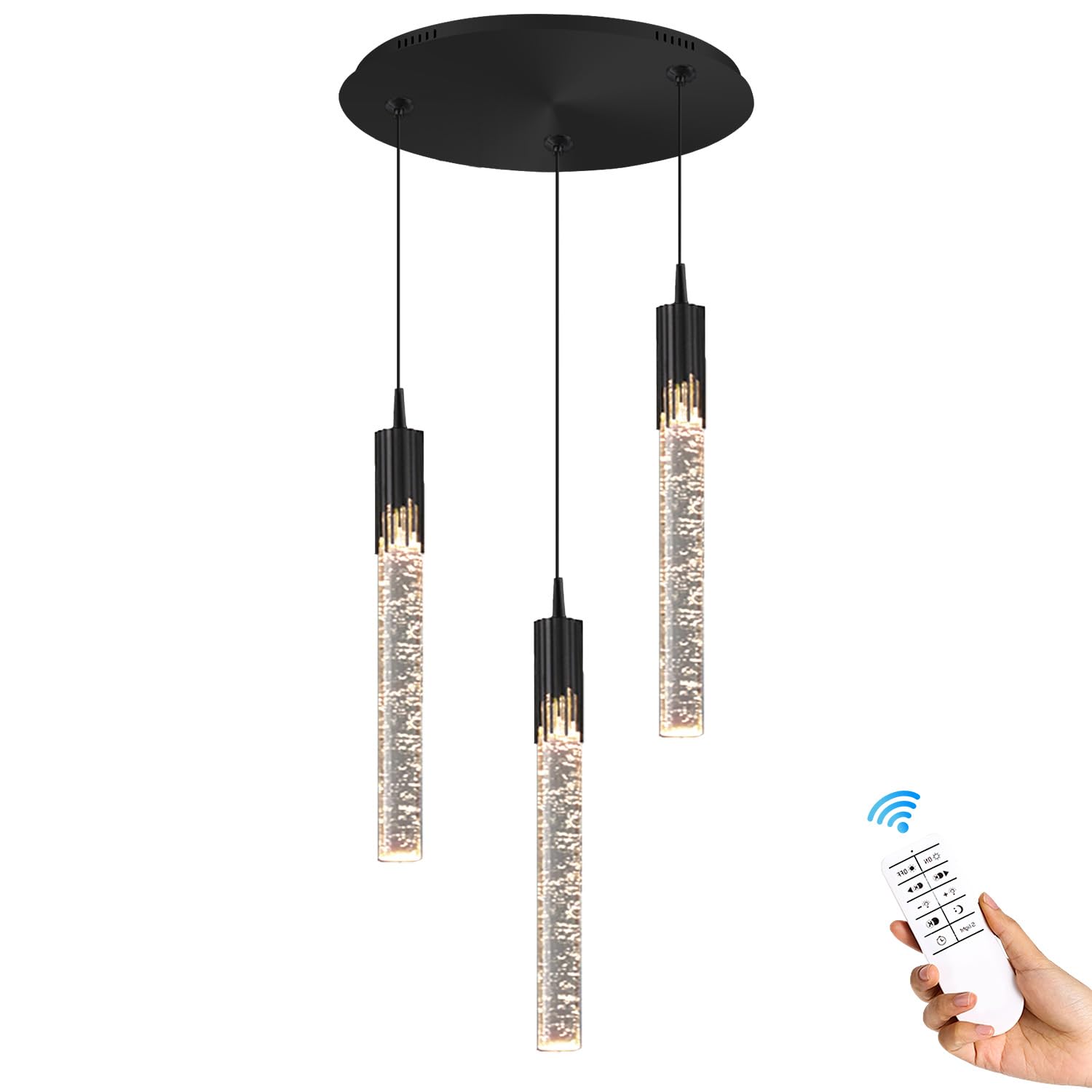 Lámpara de araña Mini Moderna Negra de 3 Luces | Lámpara Colgante LED de Cristal Regulable para Isla de Cocina, Comedor, Dormitorio, 2700K-6000K