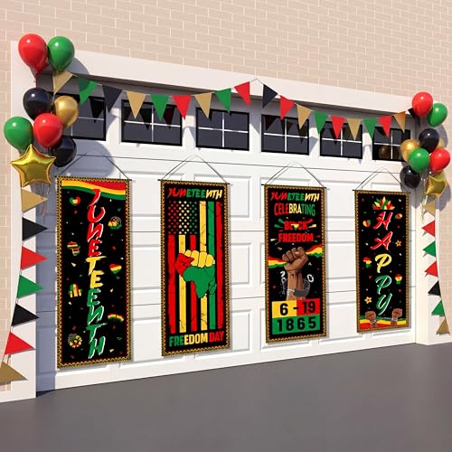 Image of Panelee 4 Pcs Happy Juneteenth Porch Sign Banners Juneteenth Decorations African American Independence Day Freedom Day Banner Backdrop for Classroom School Doorway Indoor Outdoor Wall Hanging Decor