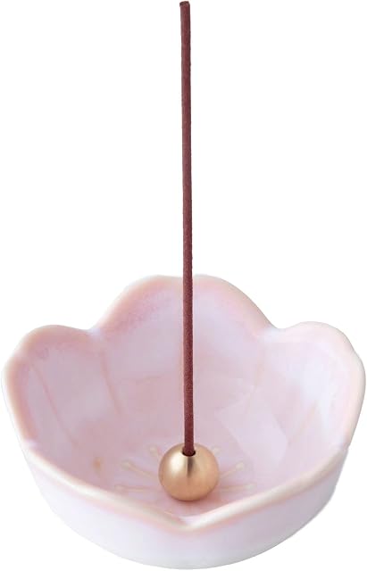 Asayu Japan Mini Sakura Flower Incense Holder for Sticks 4.9 inch (126 mm), Traditional Made in Japan Small Ceramic Ash Catcher & Detachable Brass Incense Burner Stand Set - Cherry Blossom Pink