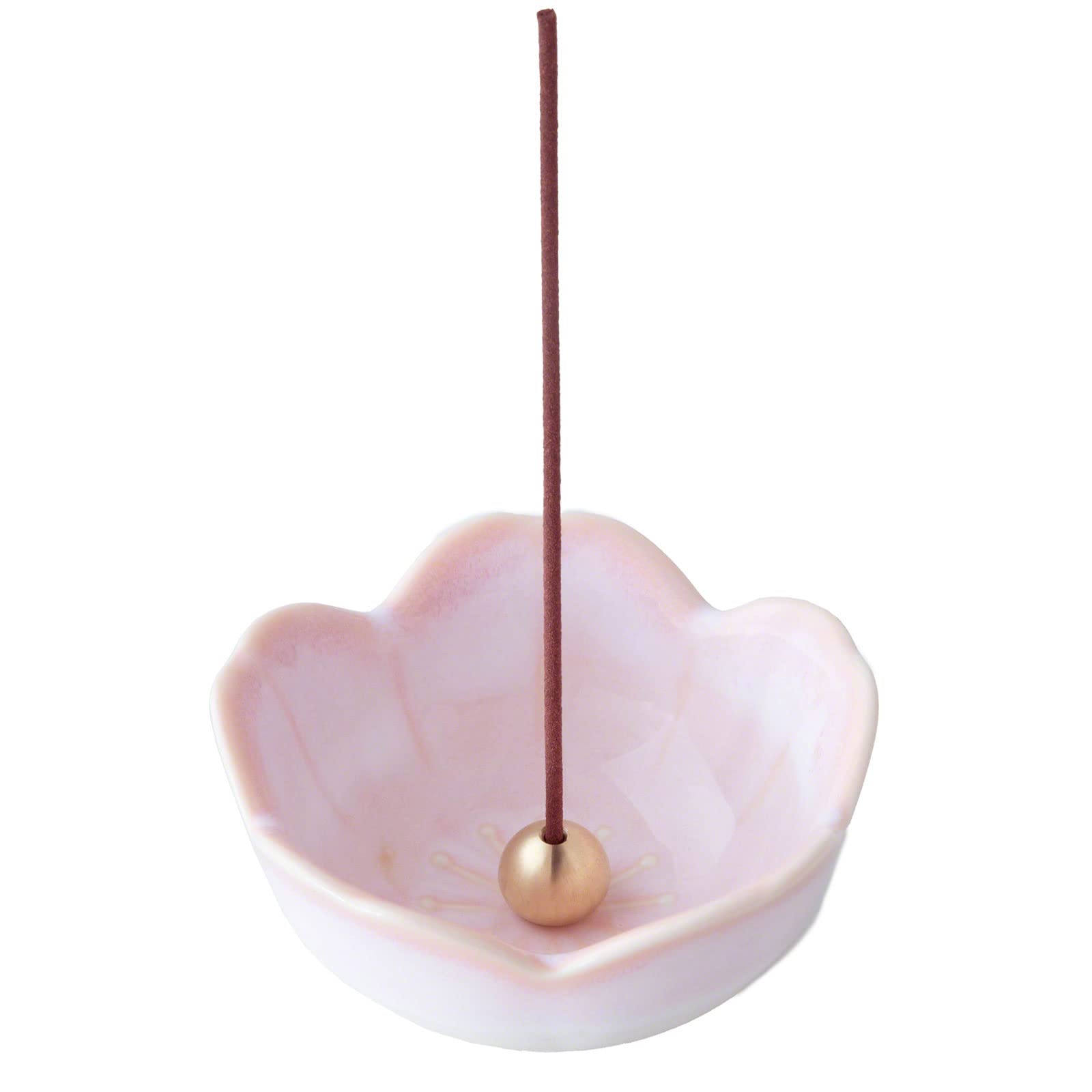 Asayu Japan Mini Sakura Flower Incense Holder for Sticks 4.9 inch (126 mm), Traditional Made in Japan Small Ceramic Ash Catcher & Dettachable Brass Incense Burner Stand Set (Cherry Blossom Pink)