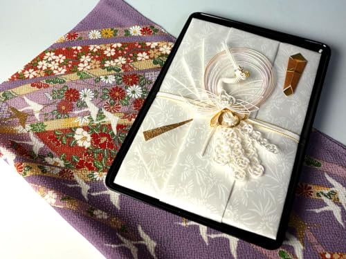 祝儀袋 金封 のし袋 ご結婚 10〜100万円が目安です 御祝 hm2914-05【鳳凰(大)・白:短冊付き】+切手盆8号【無地】+ちりめん友禅正絹風呂敷【中幅:約45cm】【5.鶴】セット 結納屋さん.com hm2914-05