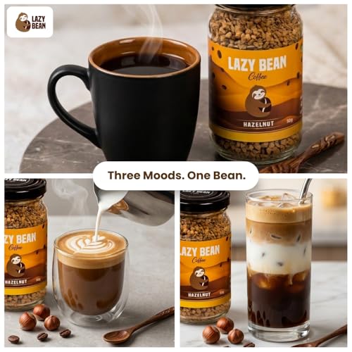 Image of Lazy Bean Hazelnut Flavoured - Premium Instant Coffee Powder 50 g | Strong Black Coffee, Rich Aroma, Quick-Dissolving Granules | Ready in Seconds for Hot or Iced Brews at Home, Office, Travel