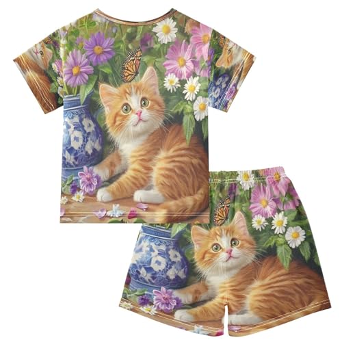 ALAZA Cute Orange Cat Flower Kitten Pajamas Set Short Sleeve Cotton Sleepwear Summer Pjs 2 Piece 5-14Y2