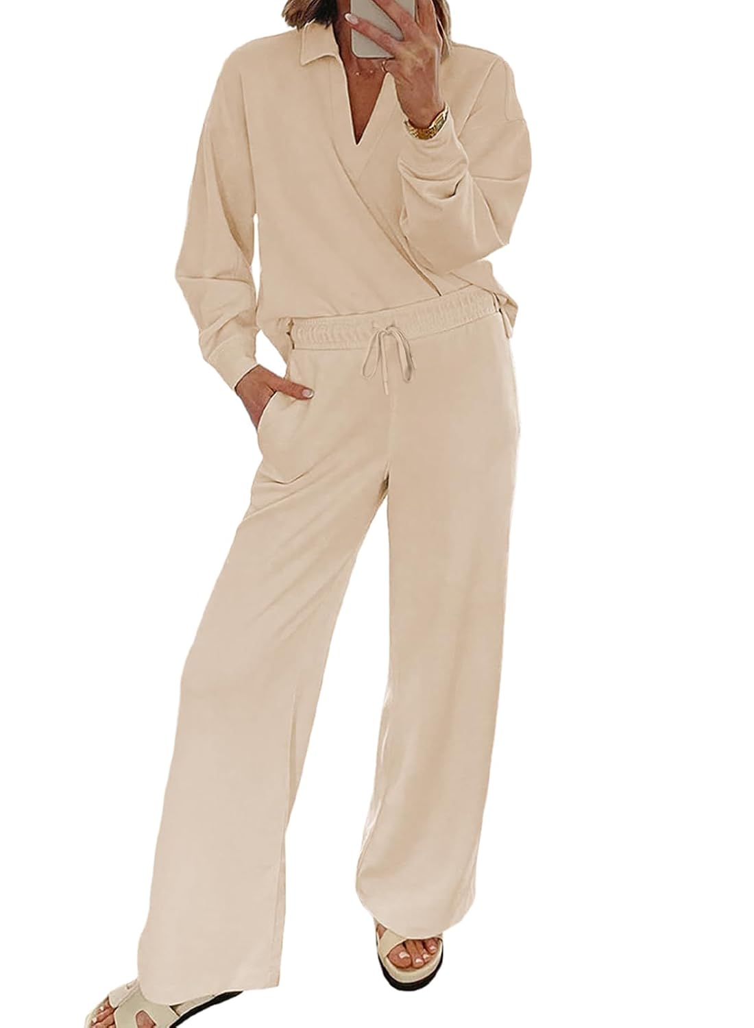 EVALESS Two Piece Set, V Neck Sweatshirt & Sweatpants