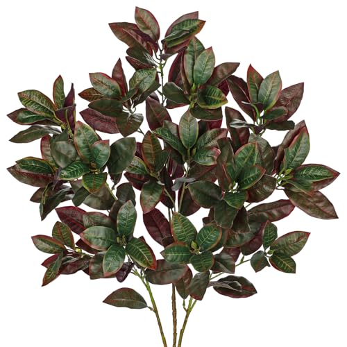 33' Artificial Croton Leaves Stems for Floral Arrangements, 3 Pcs Faux Leaves Branches with Red & Green Ombre Foliages, Fake Greenery Plants for Vase Filler, Home & Office Centerpieces, Tropical Decor