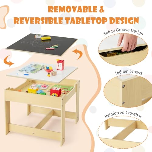 Image of GLACER Kids Table and Chairs, 3 in 1 Wooden Activity Table with Storage, Reversible Tabletop, Chalkboard for Crafts, Drawing, Reading, Toddler Table and Chair Set for Playroom, Easy to Clean(Natural)