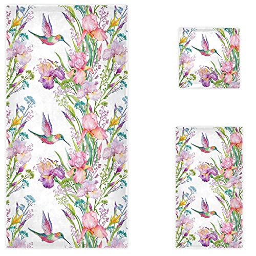 Naanle Spring Hummingbird Irises Flowers Floral Soft Luxury Decorative Set Of 3 Towels, 1 Bath Towel+1 Hand Towel+1 Washcloth, Multipurpose For Bathroom, Hotel, Gym, Spa And Beach #TOP1