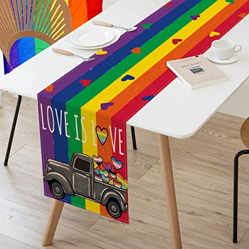Seliem Gay Pride Month Love Is Love Rainbow Hearts Table Runner, Lgbtq Lesbian Bisexual Pansexual Truck Kitchen Dining Table Decor, Holiday Home Decoration Indoor Outdoor Party Supply 13 X 72 Inches #TOP3