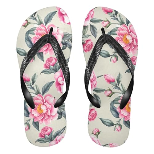 Sinestour Peony Leaves Beige Flip Flops for Beach Thong Sandals Anti-slip Lightweight Beach Slippers for Indoor Outdoor House