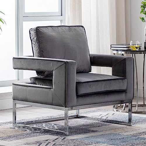 Cimoo Grey Velvet Accent Chair With Back, Modern Armchair Upholstered Single Chair Extra Wide Reading Chair For Bedroom Living Room With Sliver Legs #TOP26