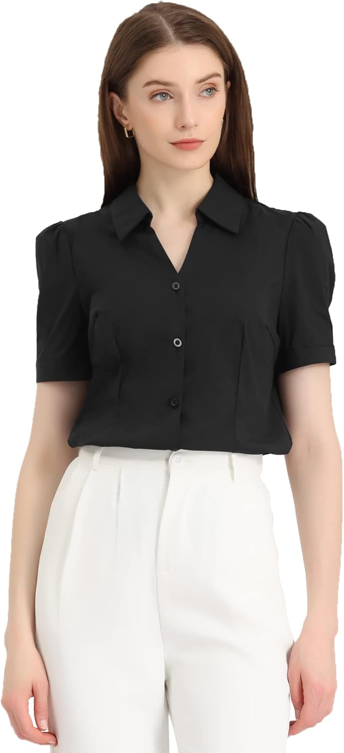Allegra K V Neck Work Tops For Women s Short Sleeve Button Down Shirt allegra-k-v-neck-work-tops-for-women-s-short-sleeve-button-down-shirt