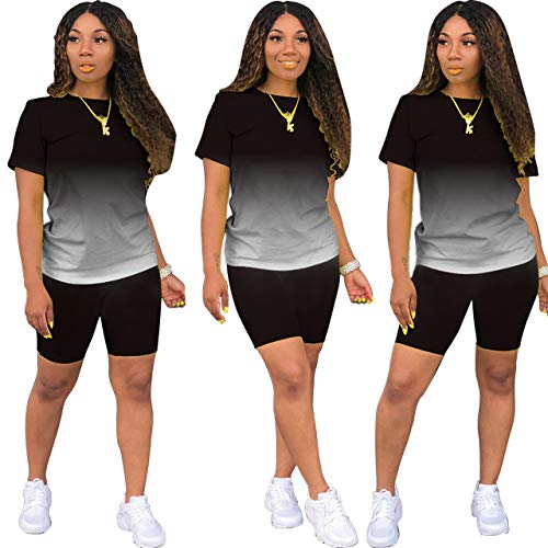 Tie Dye Women 2 Piece Outfits Sets for Women Sexy Bodycon Short Sleeve Tracksuits Jogger Shorts Pants Set Black M - Thumbnail 4