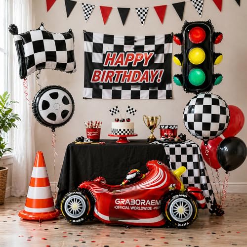 Image of Rozi Decoration Racing Car Theme Foil Balloon Set with Car, Traffic Light, Flag, Cone & Wheel Balloons, 6 Pcs Birthday Decoration Kit for Kids Racing Theme Party