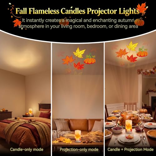 Image of Fall Flameless Candles Projector Lights with Pumpkin Maple Leaf Projection
