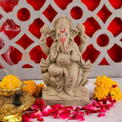 Image of SAUDEEP INDIA 6 Inch Mitti Ganesh Idol | Eco-Friendly Handcrafted Mud /Clay Ganesh Murti | Ganpati Figurine for Visarjan | Biodegradable Lotus Ganesha Statue | Ganesh Chaturthi (Lotus Design)