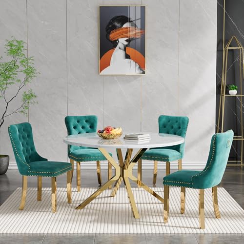 Image of 5-Piece Round Dining Table Set for 4, Luxury Faux Marble Kitchen Table Set for 4 with Green Velvet Chairs, 45 inch Circle Dining Room Tables with White Marble Top and Gold Stainless Steel Cross Legs