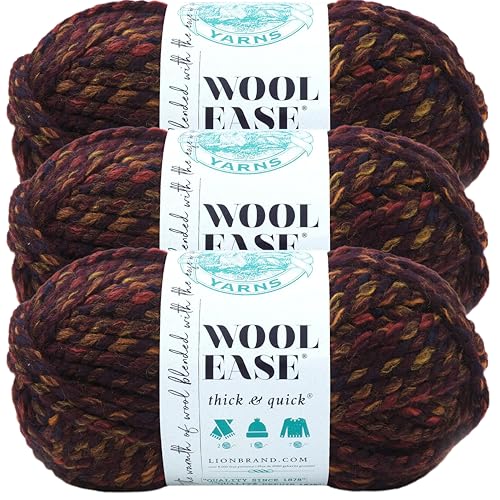 Image of Lion Brand Yarn, Wool-Ease Thick & Quick, Harvest, Brown Stripes, 3 Pack | Super Bulky Wool Acrylic Blend Fiber for Soft Hats, Sweaters, Chunky Blankets, Yarn for Crochet, Knitting, Crafts, Weaving
