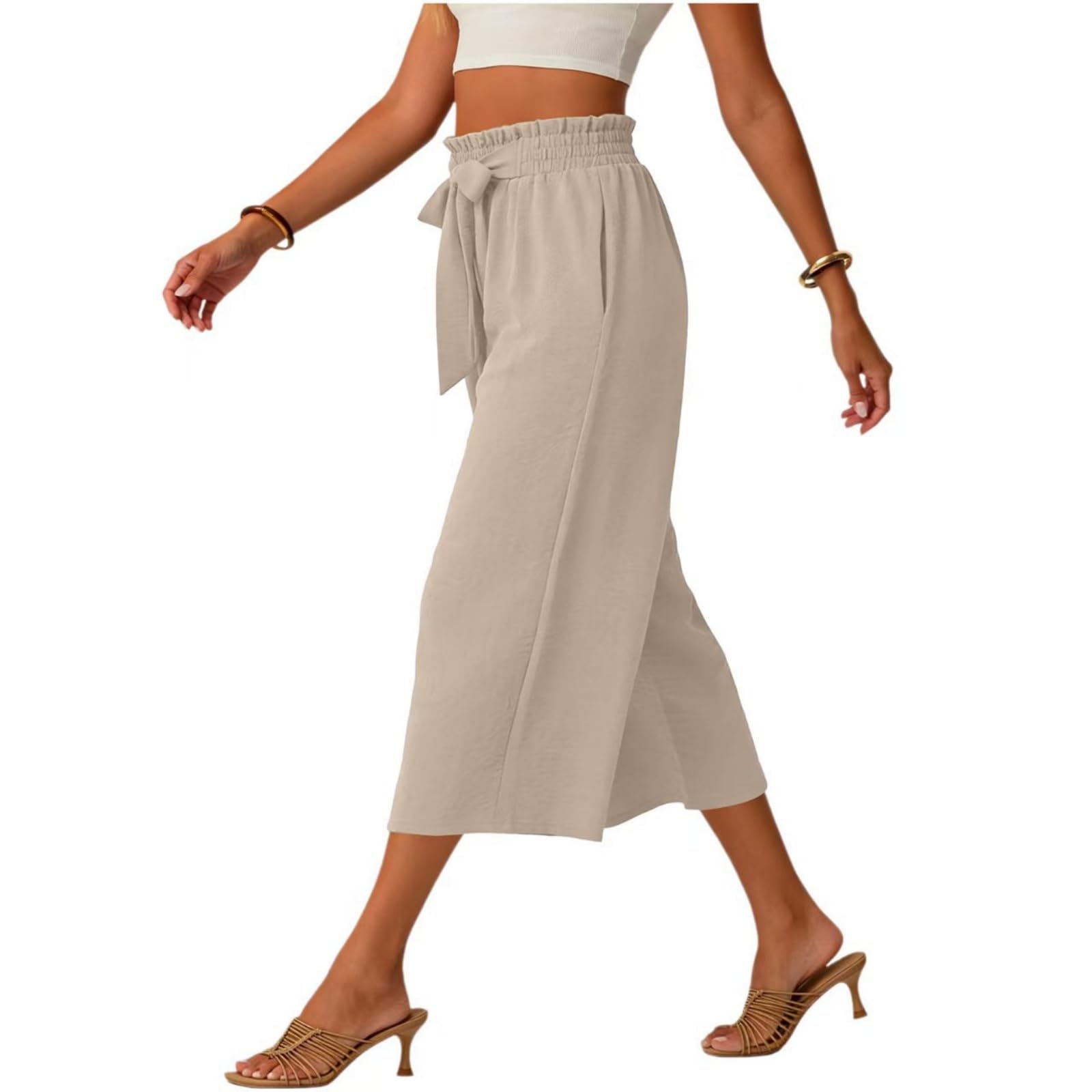 Pantalon 3/4 Femme Été Vetement Solde Taille Haute Chic et Elegant | Décontracté Pantacourt Élastiqué Coupe Ample Fluide et Légère Corsaire