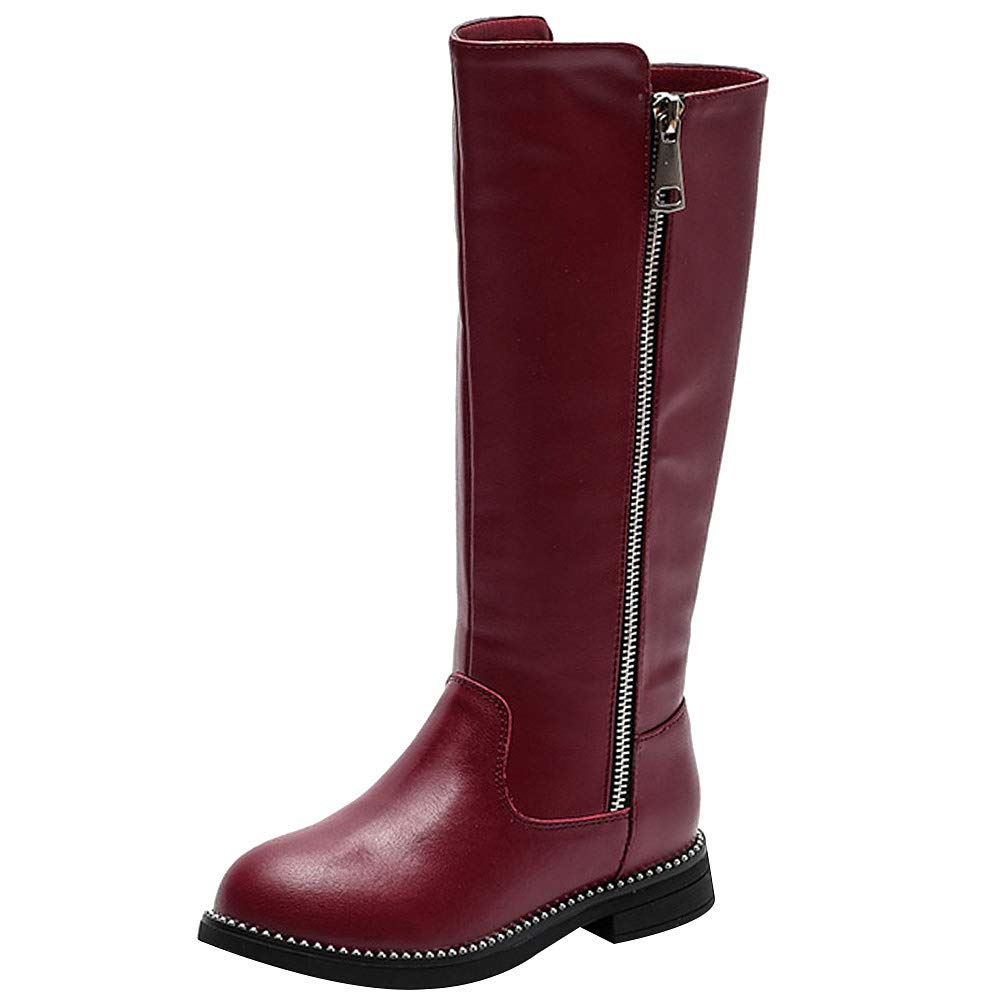 rismart - Botas de equitación altas para niña, tacón plano, cremallera lateral, forro de piel de invierno