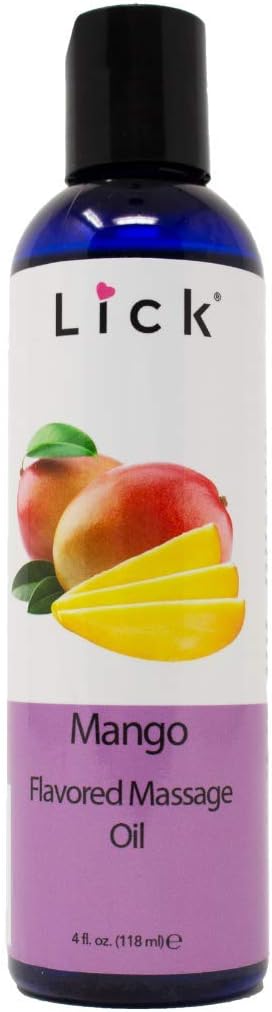 Lick Mango Flavored Massage Oil for Couples – Edible Massaging Lotion with Vitamin E and Sweet Almond and Coconut Oil is Non Sticky and Gentle on Skin – Natural, Relaxing and Vegan Friendly (4 oz)