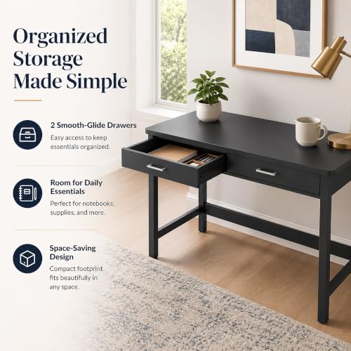 Image of 4NM 39.4 inch Small Desk with Wood Drawers, Home Office Computer Desk with Wooden Legs, Study Writing Table Vanity Desk for Small Spaces - Black